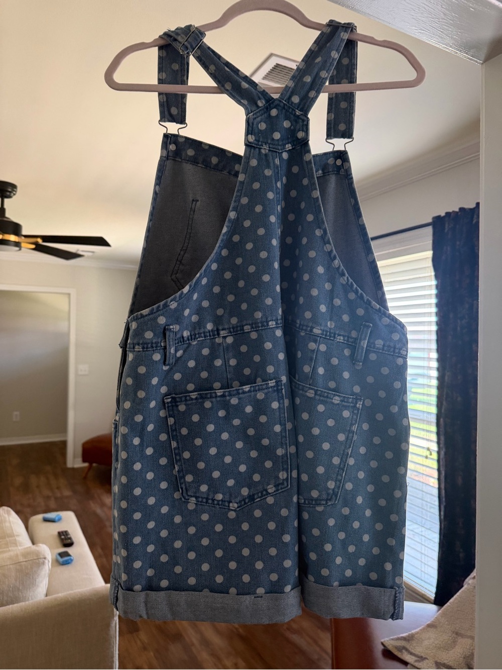 Wishlist Light Blue Polka Dot Denim Short Overalls Romper - Picture 3 of 7
